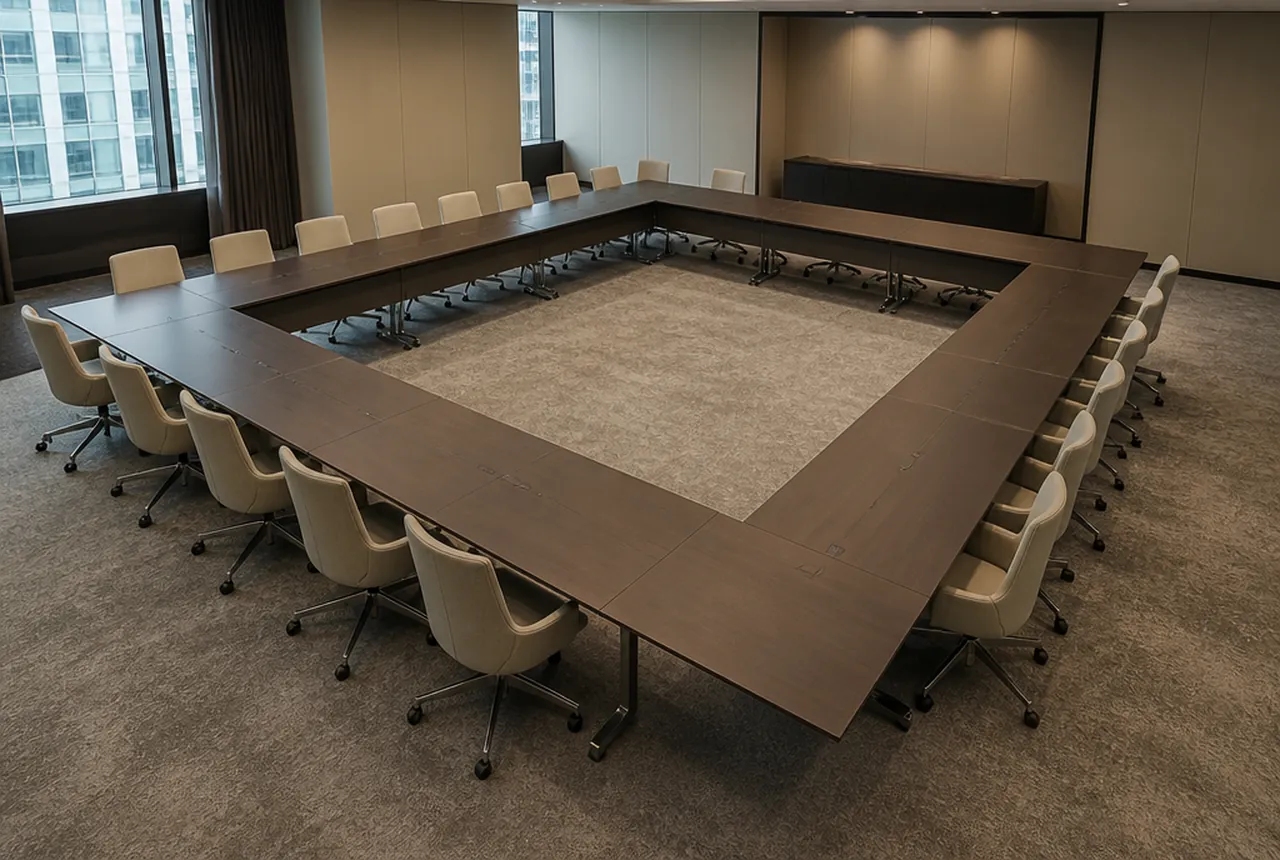 Hollow square of tables closed on all four sides with chairs around the outside and an empty centre