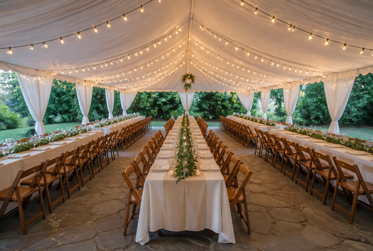 Outdoor tent seating with long trestle tables and benches set under the peak of the canopy