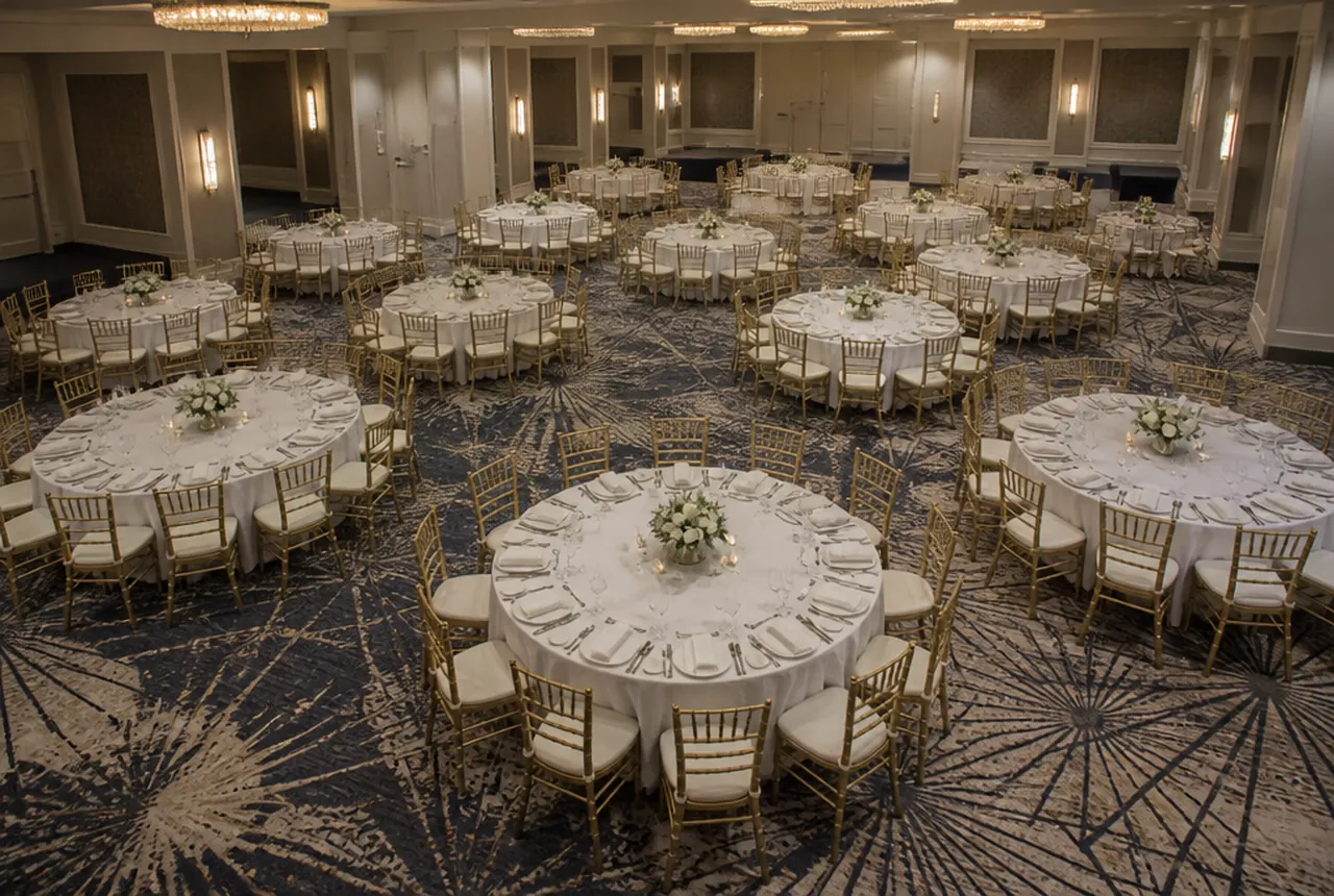 Ballroom set with full rounds of ten, evenly spaced with clear service aisles between table edges