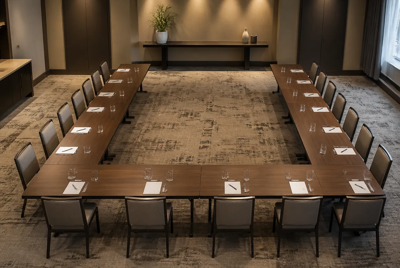 U-shape meeting setup with tables in an open horseshoe, chairs on the outside edge and the open end facing a screen