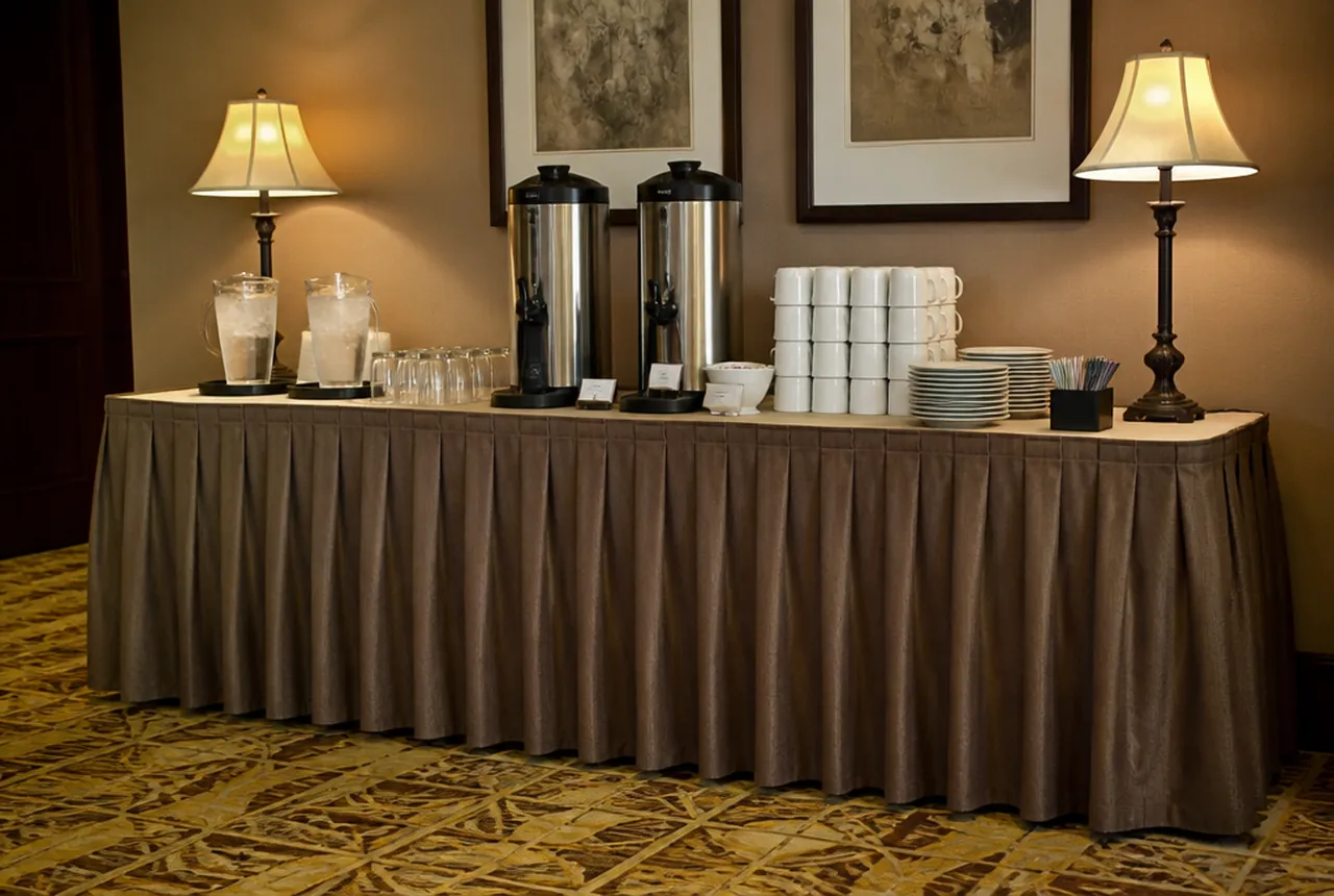 A skirted side station stocked with water pitchers, coffee urns and stacked cups