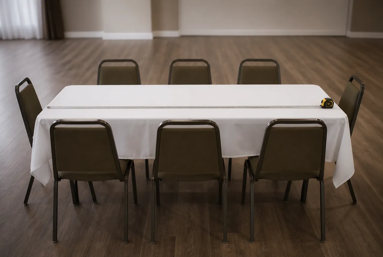 A six-foot rectangular banquet table in white linen with six chairs and a tape measure along its edge