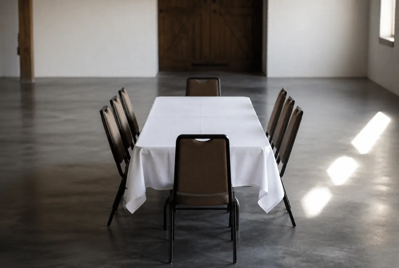 An eight-foot banquet table in white linen viewed end-on with three chairs along each side