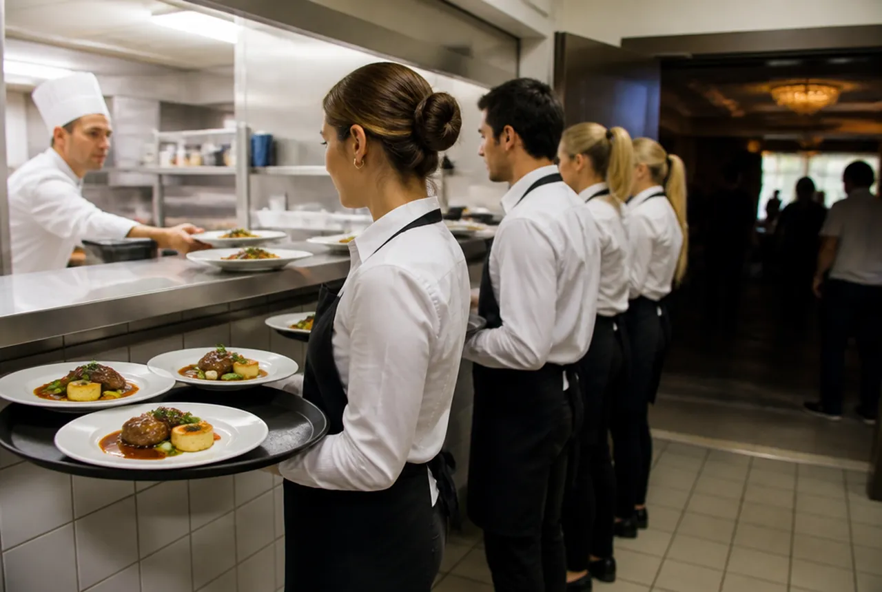 Banquet servers loading plated entrees onto trays at the kitchen pass before service