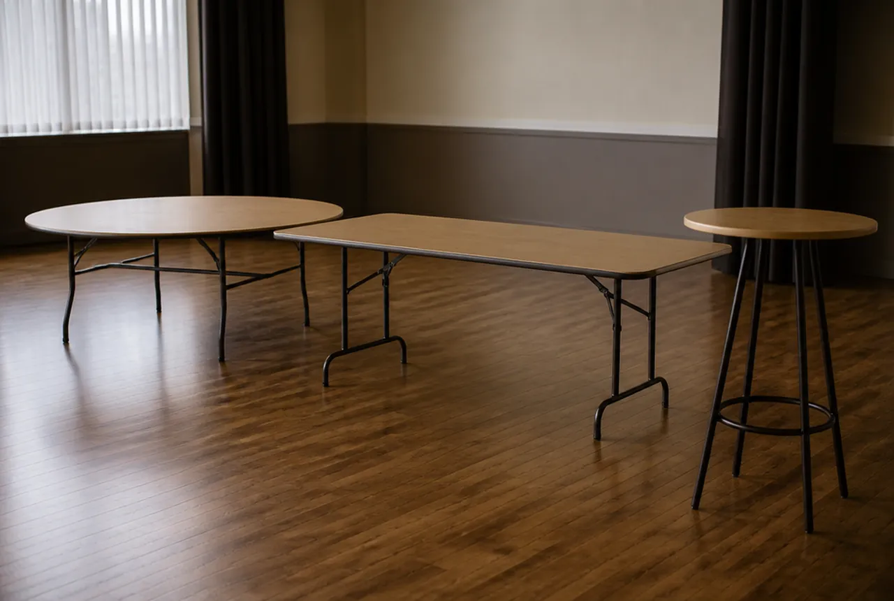 A round, a rectangular and a tall cocktail banquet table standing bare together for comparison