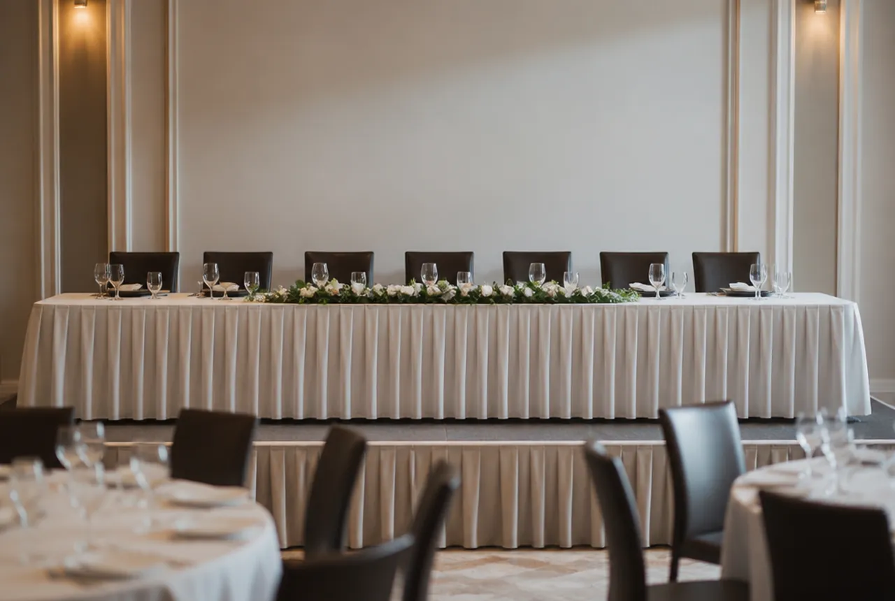 A long head table with white pleated skirting across its front, place settings and a floral runner