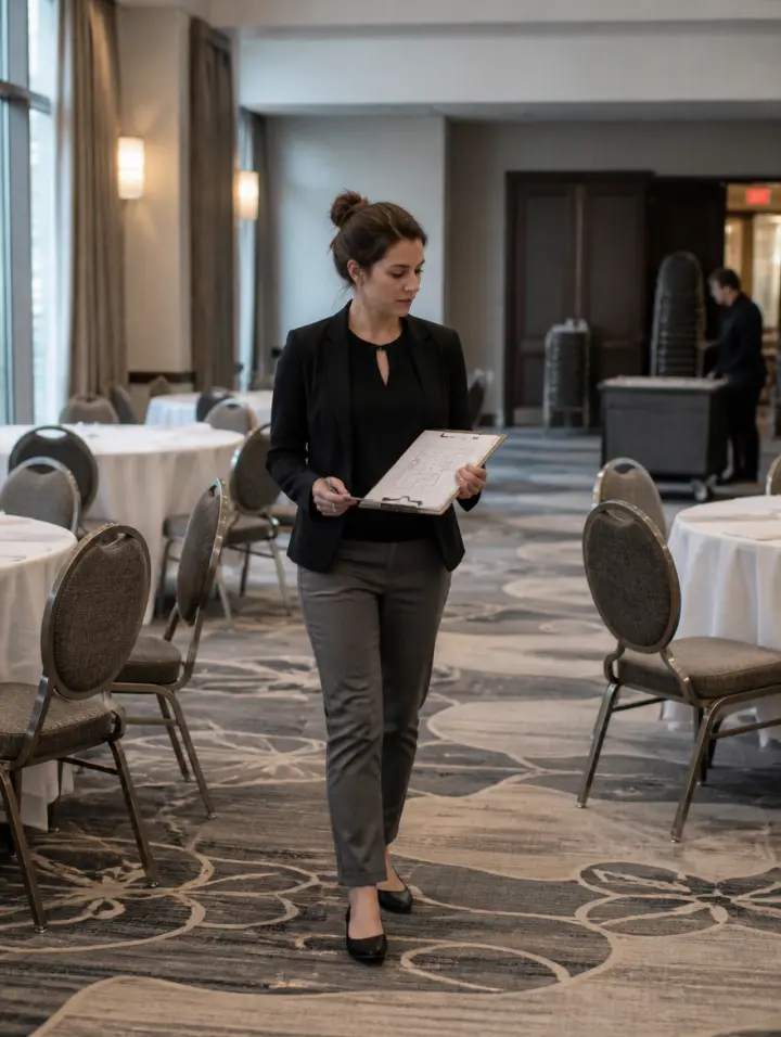 A venue coordinator checking aisle width and chair spacing in a partially set ballroom