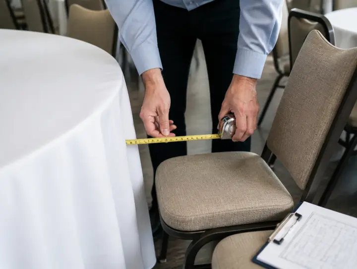 A venue manager measuring clearance between a banquet table and its chairs