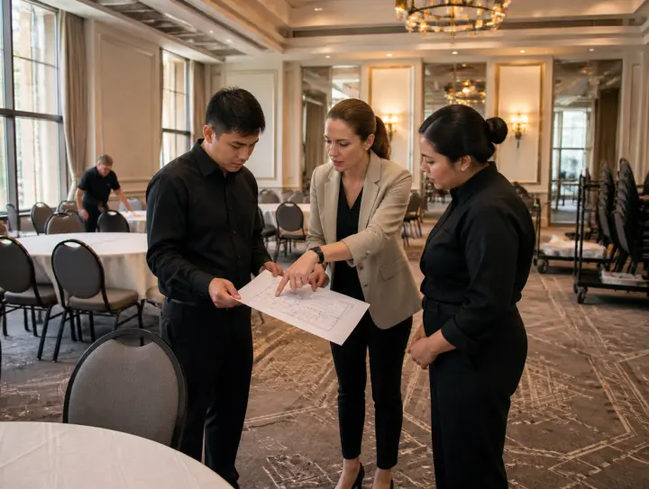 An event planner and venue staff reviewing a floor plan during ballroom setup