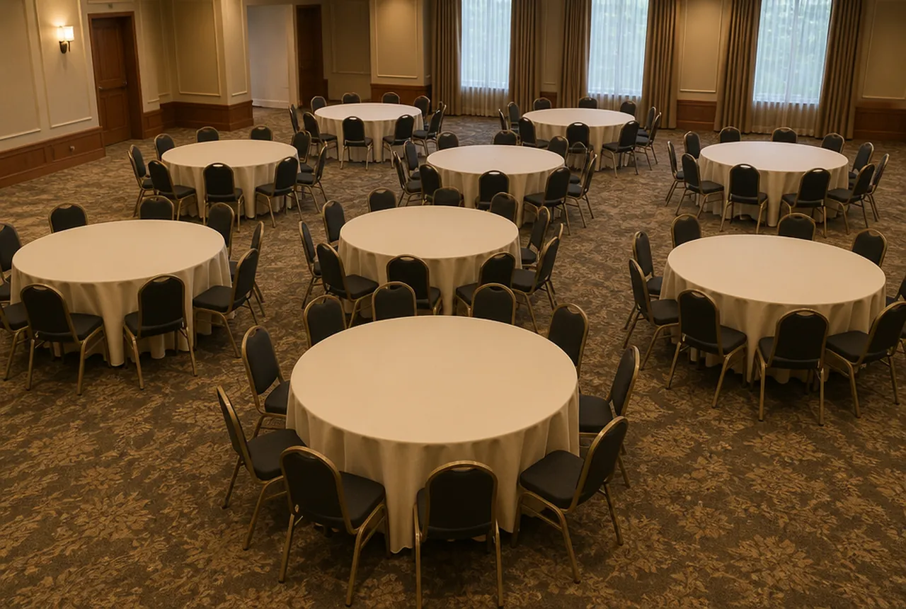 A ballroom set with about a dozen sixty-inch round tables in linen, seen from a raised corner