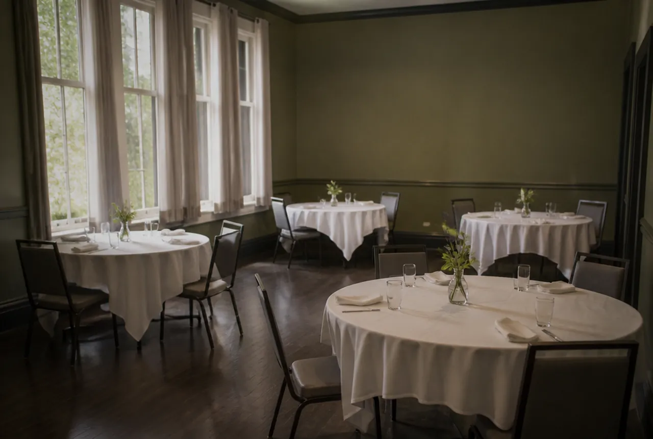 Several linen-covered round tables with dark chairs in a small dining room beside tall windows