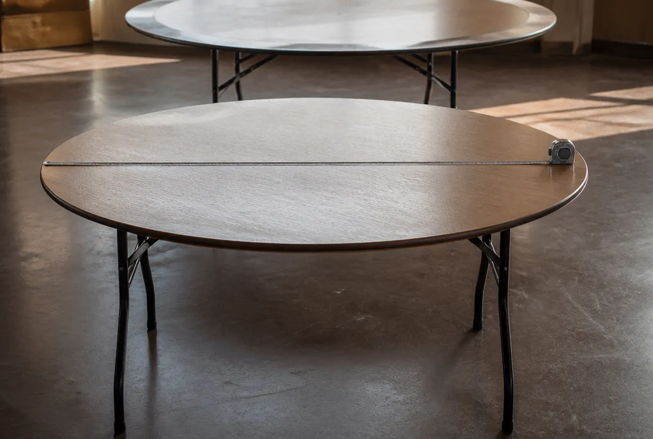 A bare round banquet table with a tape measure stretched across its diameter, a larger round behind