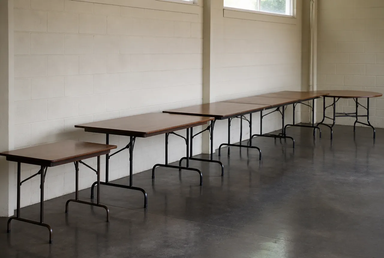 A row of bare banquet tables standing in graduating lengths along a wall with a round at the end