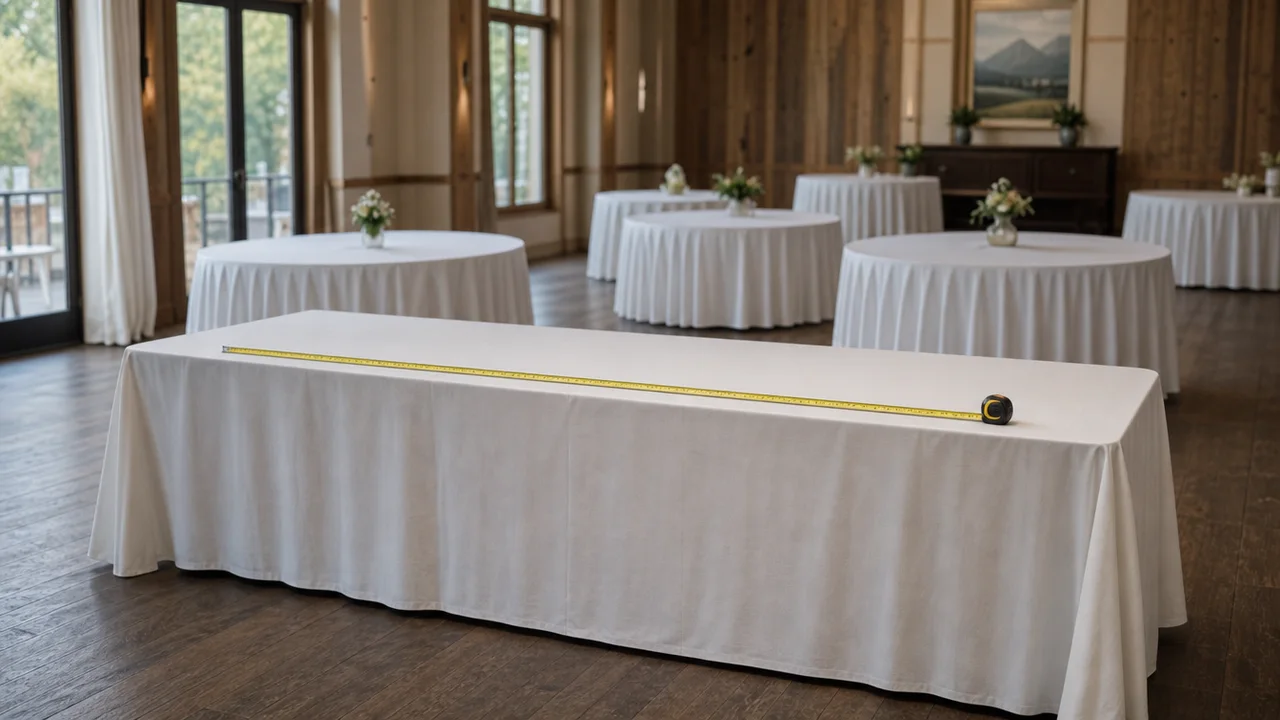 Measuring tape across a linen-dressed 8-foot banquet table