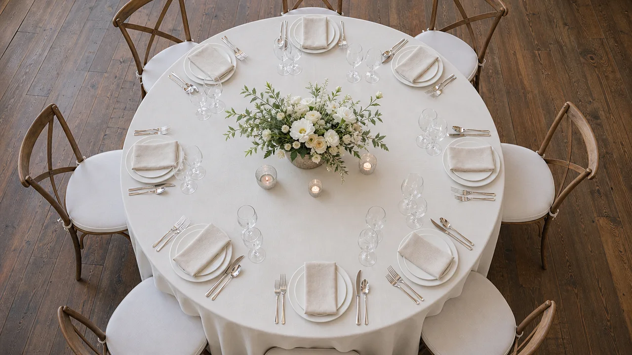 Close overhead view of one round dressed table showing evenly spaced place settings around the rim