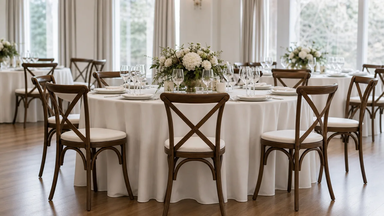A dressed 60-inch round table with chairs pulled up, comfortable spacing between each chair, side angle