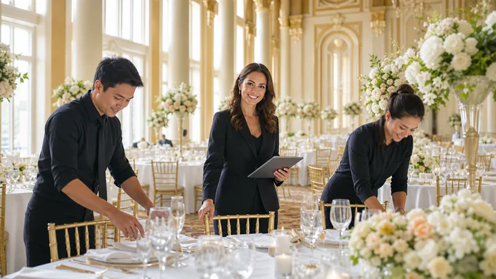 Bright ballroom reception with smiling planner and staff
