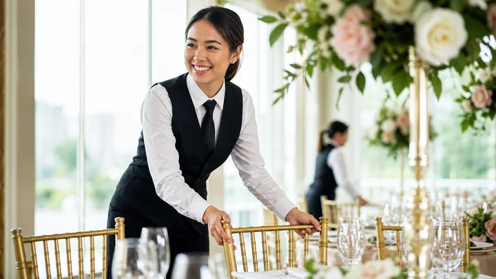 Smiling server placing a chiavari chair