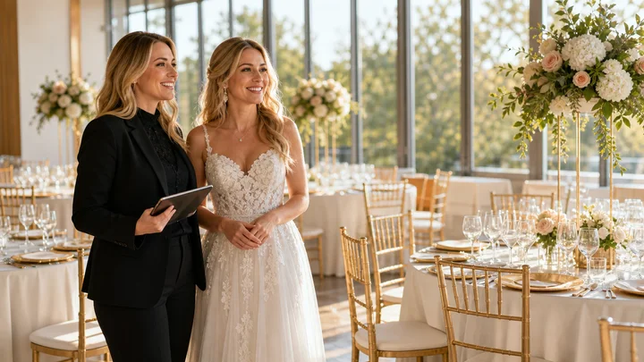 Bride and planner smiling in a sunlit set ballroom