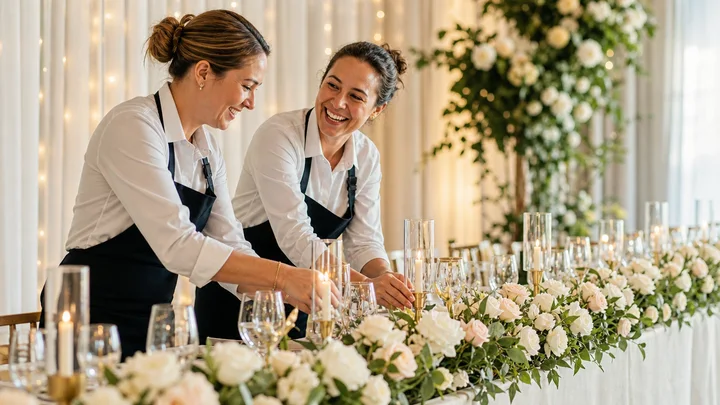 Laughing staff finishing a head table