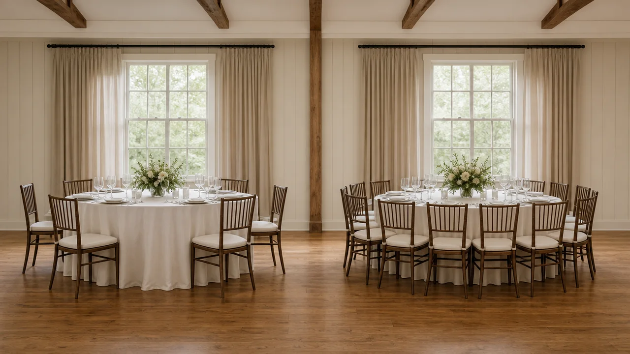 Two identical dressed round tables side by side, one set with fewer generous places and one set tightly with more chairs
