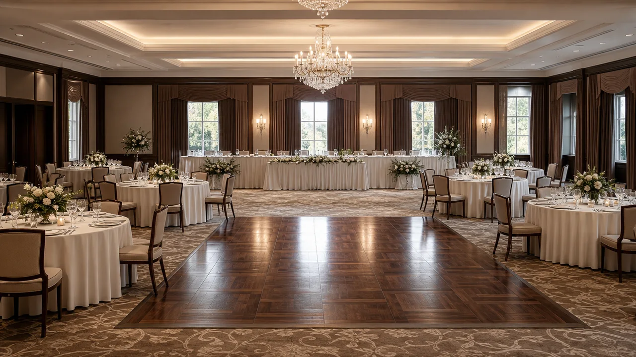 Wide ballroom view: dressed banquet tables arranged around an empty parquet dance floor, chandelier light