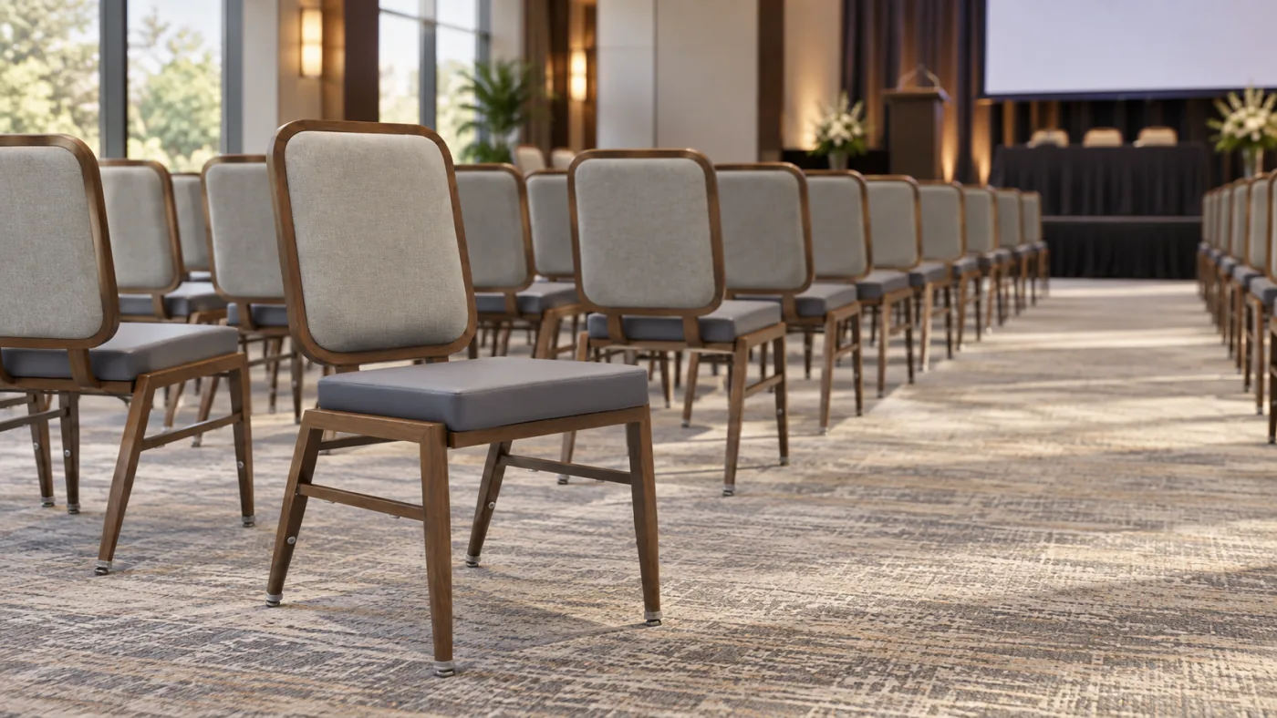 Brisa Banquet Chair shown in an AI room visualization of a conference rows