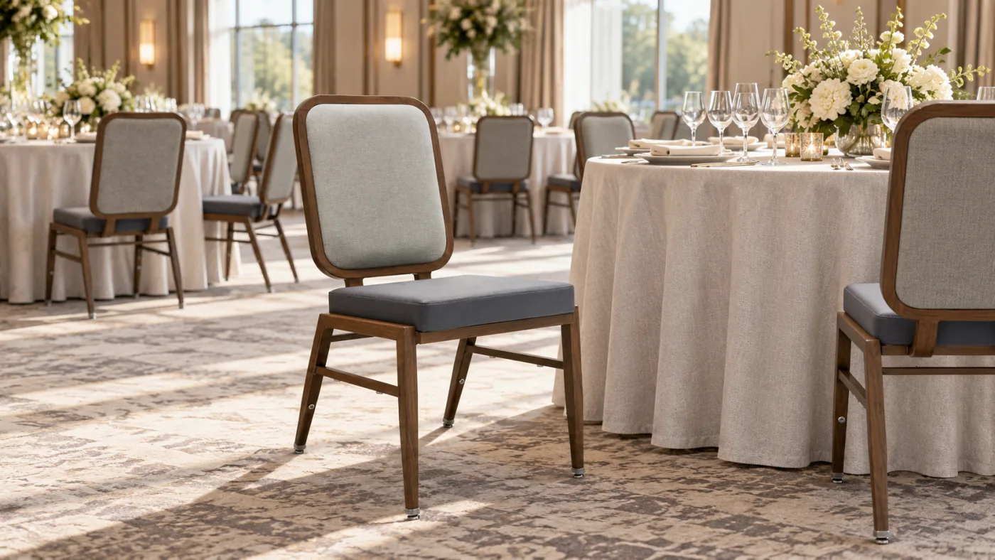 Brisa Banquet Chair shown in an AI room visualization of a hotel ballroom