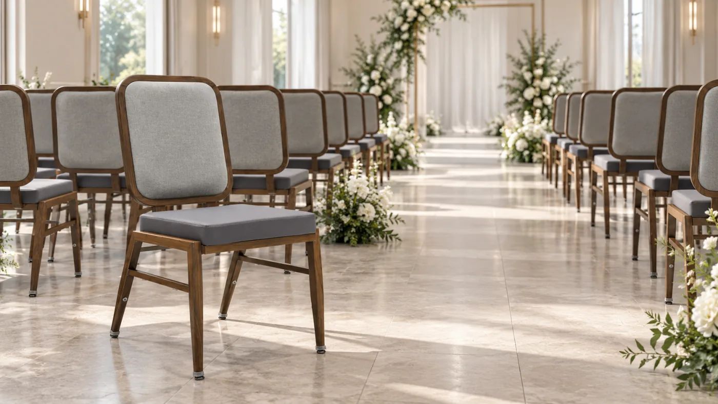 Brisa Banquet Chair shown in an AI room visualization of a indoor ceremony