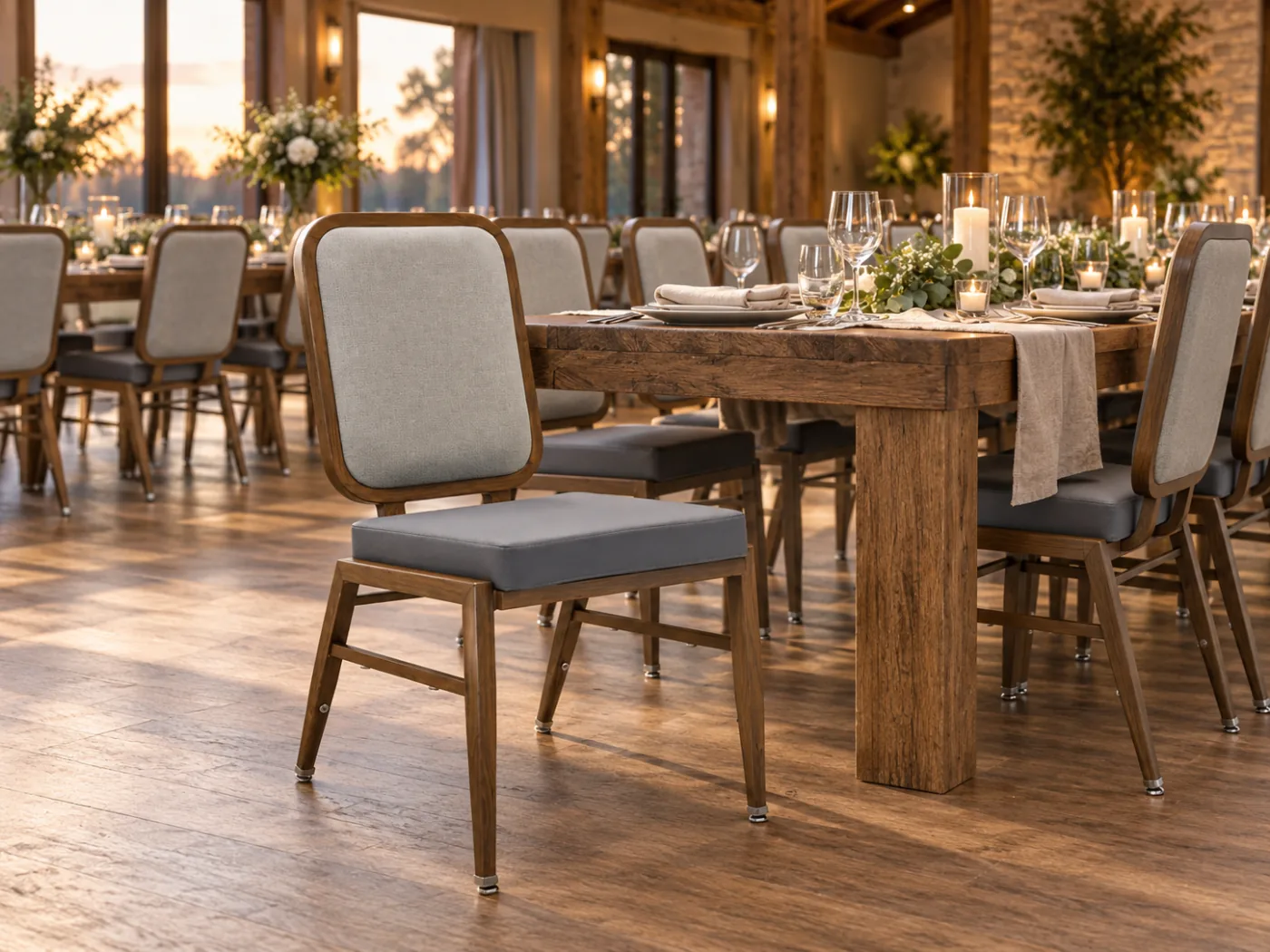Brisa Banquet Chair shown in an AI room visualization of a timber dinner venue