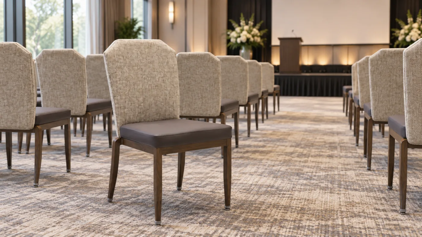 Chester Banquet Chair shown in an AI room visualization of a conference rows