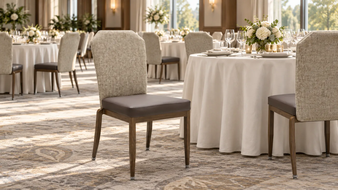 Chester Banquet Chair shown in an AI room visualization of a hotel ballroom