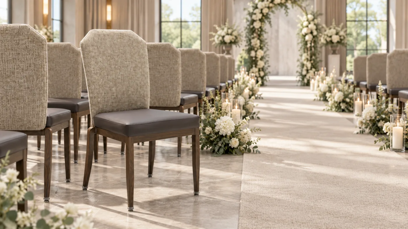 Chester Banquet Chair shown in an AI room visualization of a indoor ceremony