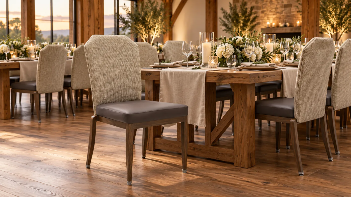 Chester Banquet Chair shown in an AI room visualization of a timber dinner venue